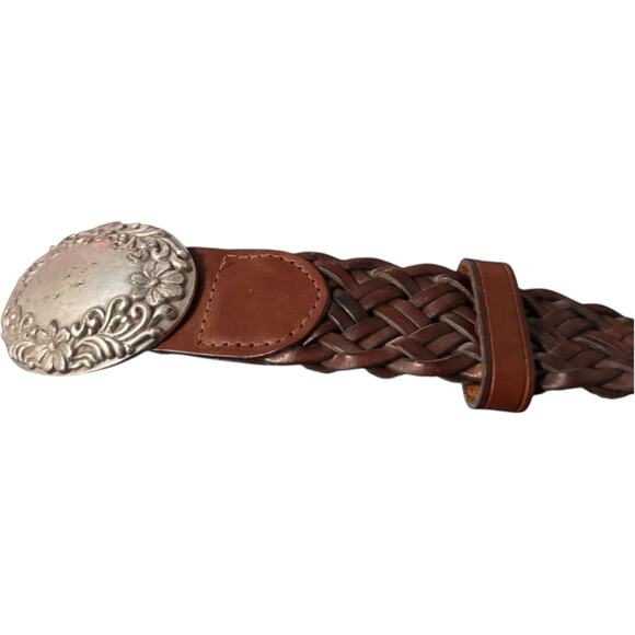 Vintage Buffalo Leather Braided Belt With Floral Silver Tone Buckle, 34" - Picture 2 of 4